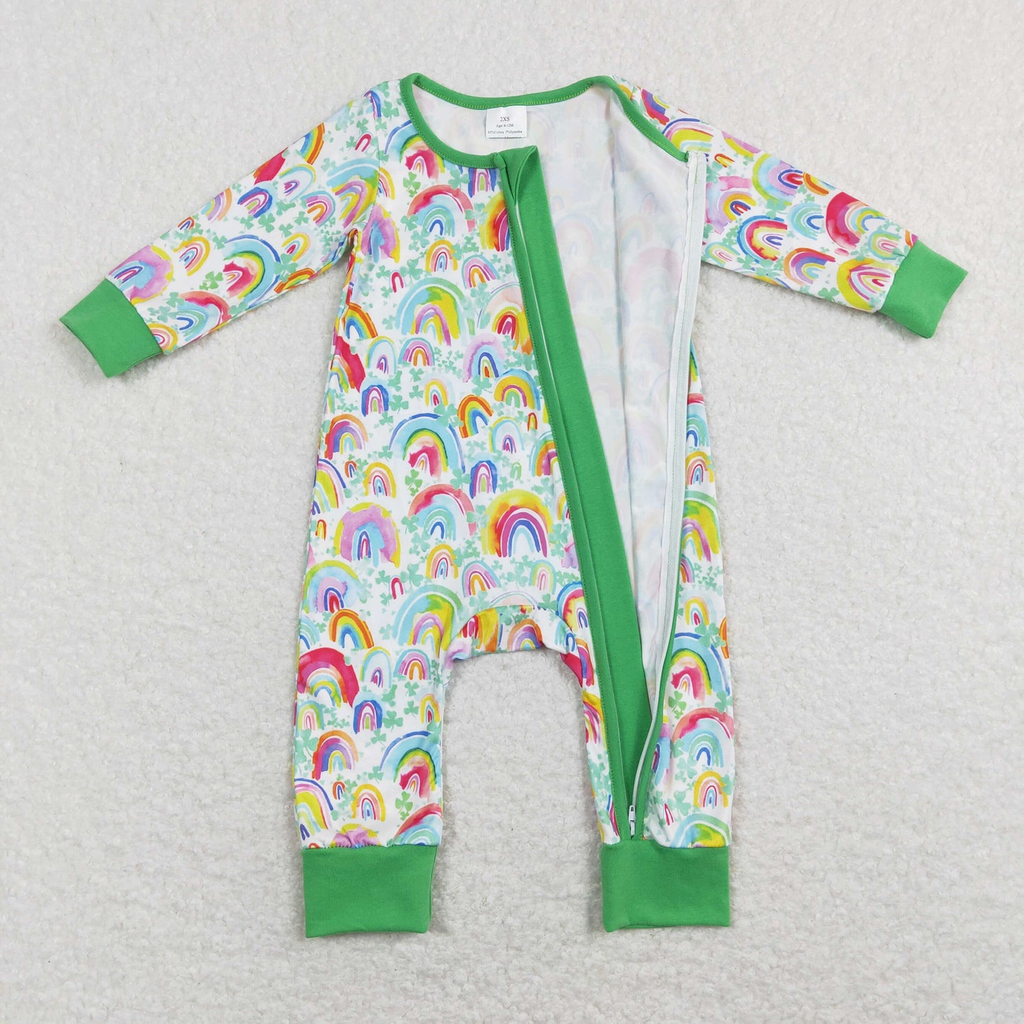 Sibling Baby Girls Long Sleeves Rainbows Green Zipper Romper Knee Length Dress RTS