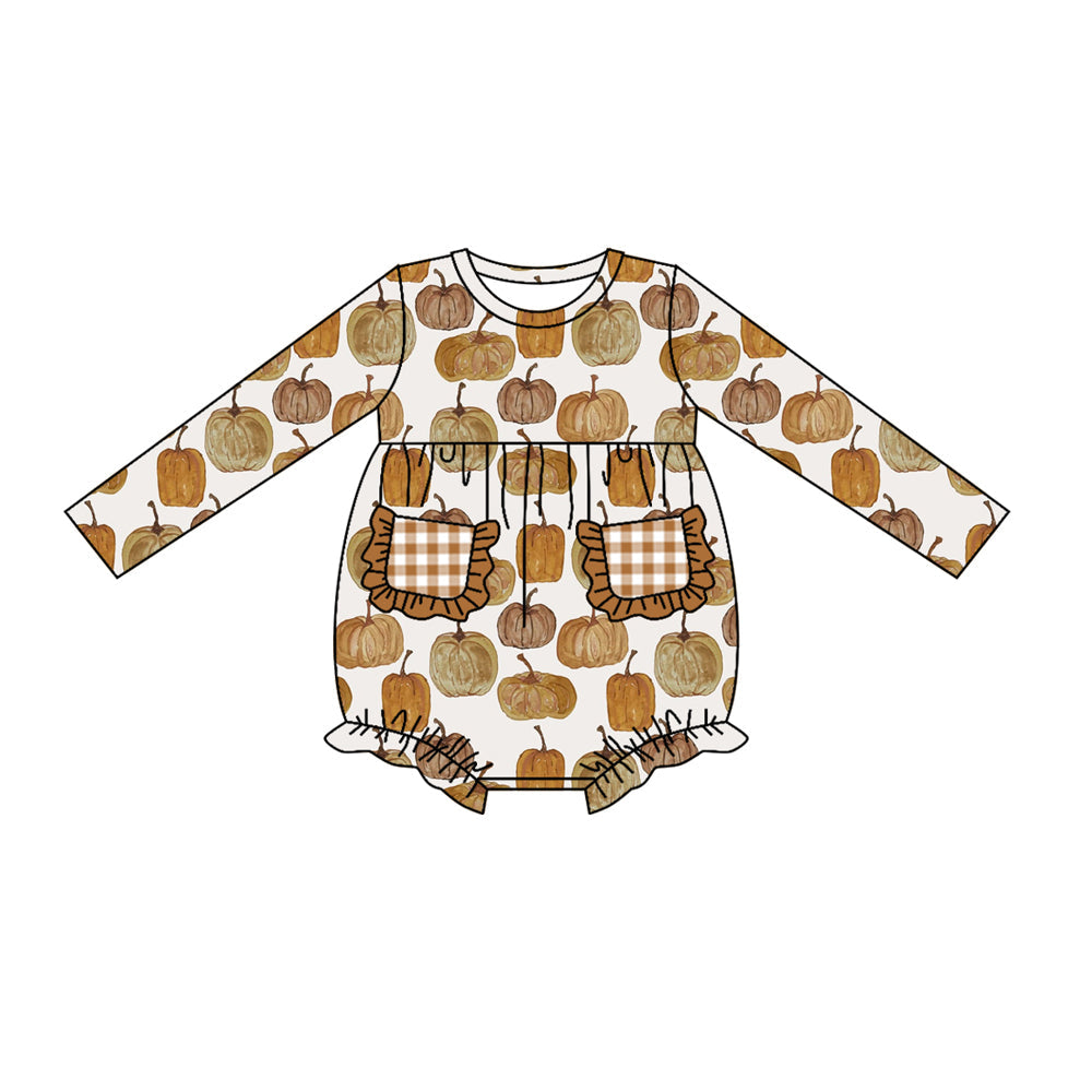 Pre-order Baby Infant Girls Fall Pumpkin Pockets Rompers