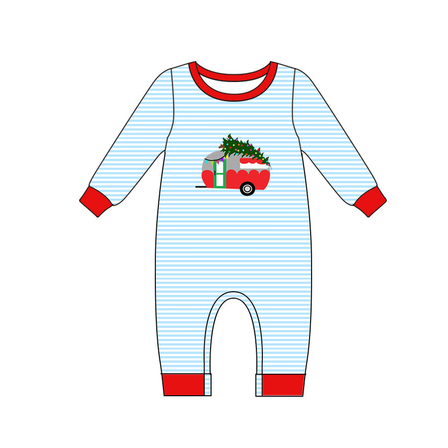 Pre-order Baby Infant Boys Christmas Tree Blue Stripes Cars Long Sleeve Romper