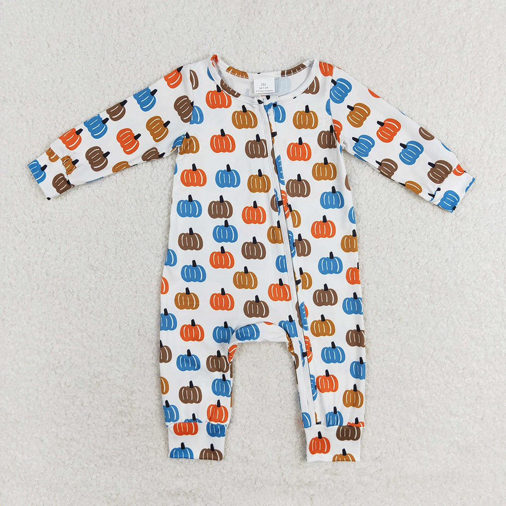 Baby Boy Girl Infant Long Sleeves Pumpkins Zipper Fall Romper Sibling Clothes RTS