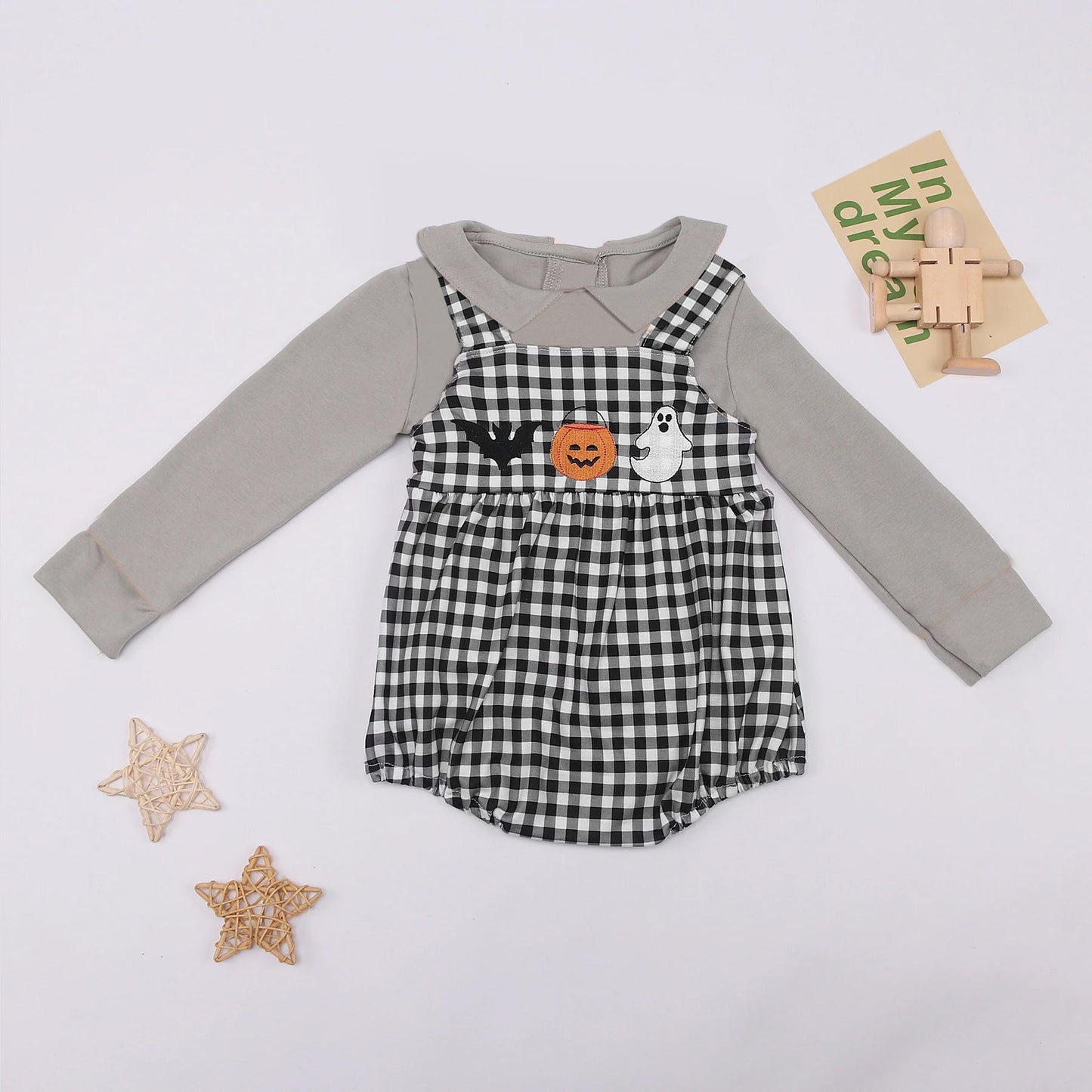 Pre-order Baby Boy Infant Halloween Ghost Plaid Romper Grey Shirt Set
