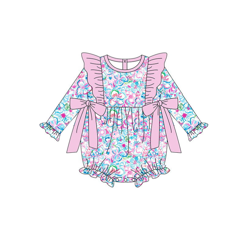 Pre-order Baby Girl Long Sleeves Flowers Bows Pink Romper