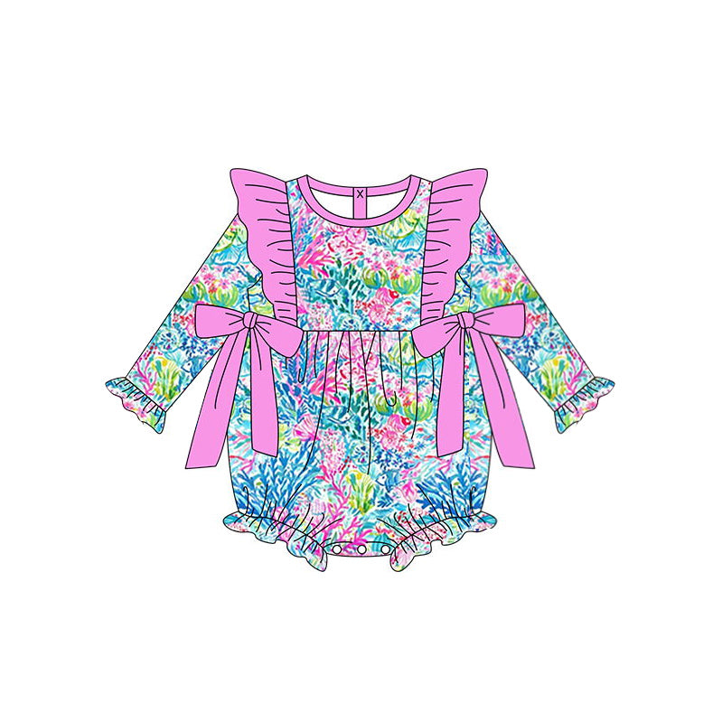 Pre-order Baby Girl Long Sleeves Pink Seaweed Bows Bubble Romper