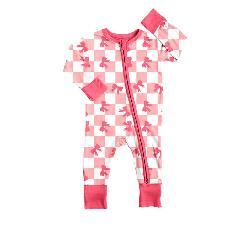 Pre-order Baby Girl Long Sleeves Checkered Bows Zipper Pink Romper