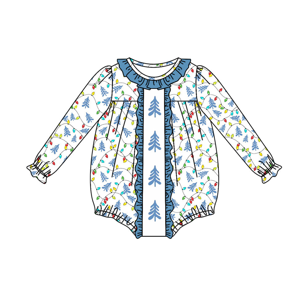 Pre-order Baby Girl Long Sleeves Christmas Trees Lights Blue Romper