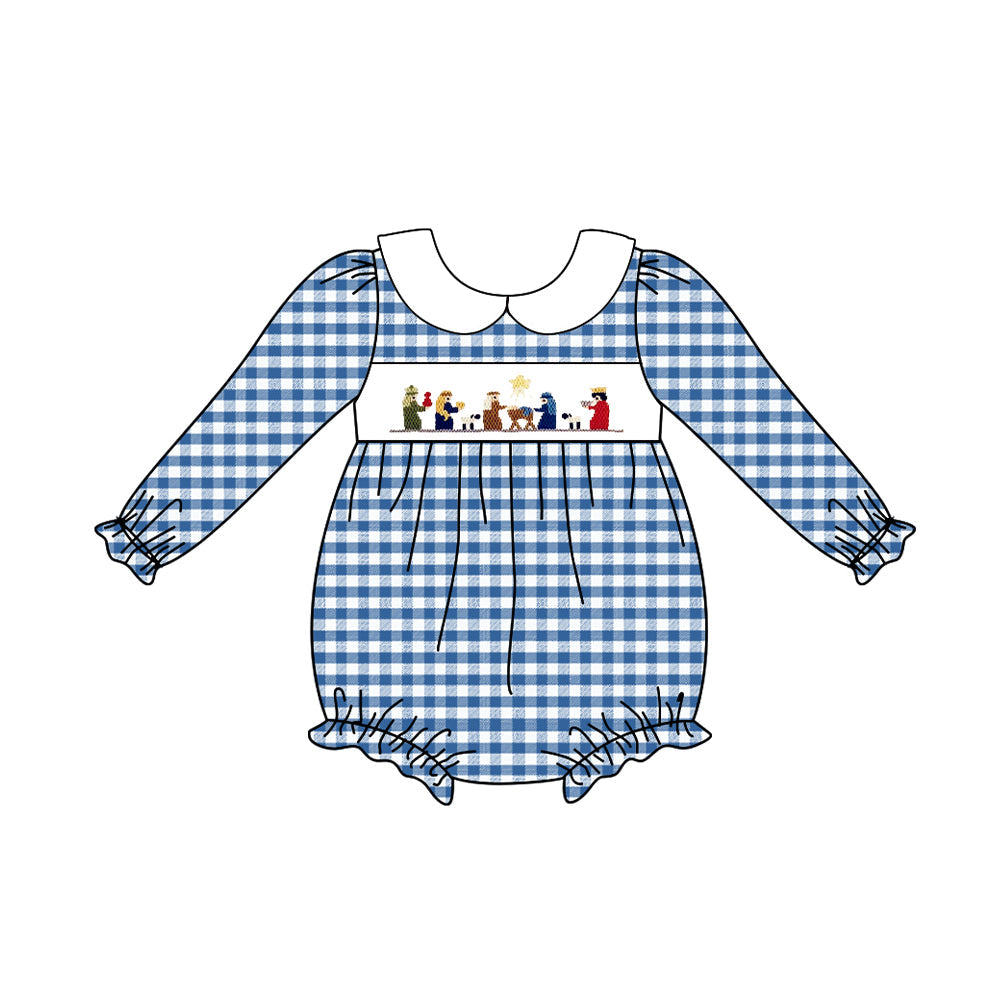 Pre-order Baby Girl Blue Checkered Nativity Christmas Romper