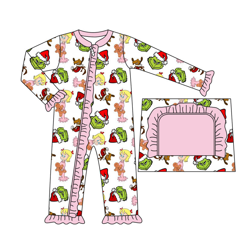 Pre-order Baby Girl Long Sleeves Christmas Green Face Pink Romper