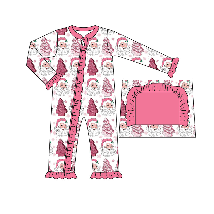 Pre-order Baby Infant Toddler Girl Christmas Pink Santa Zipper Romper