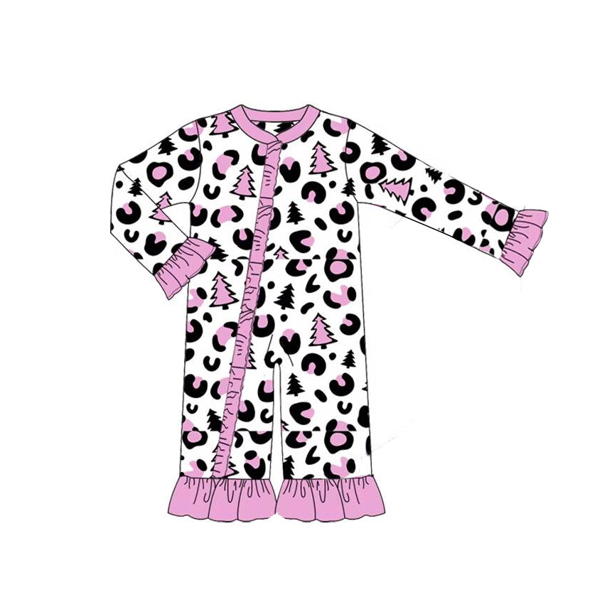 Pre-order Baby Girl Christmas Tree Leopard Zipper Purple Romper