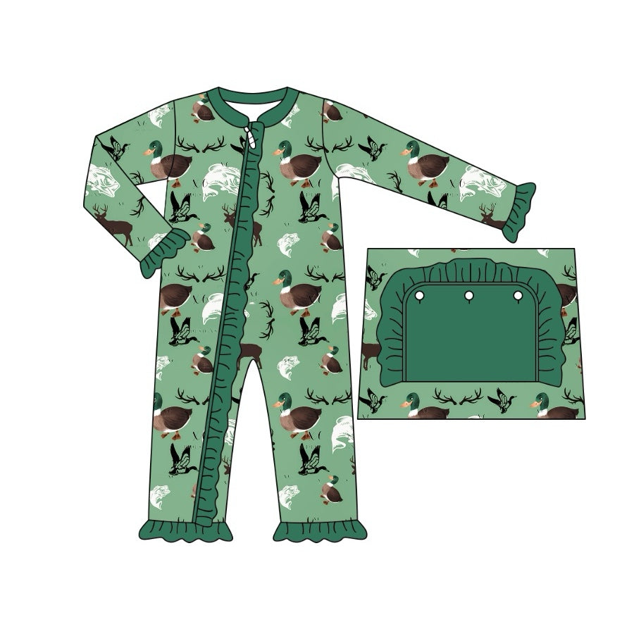 Pre-order Baby Girl Ducks Deer Green Zipper Romper