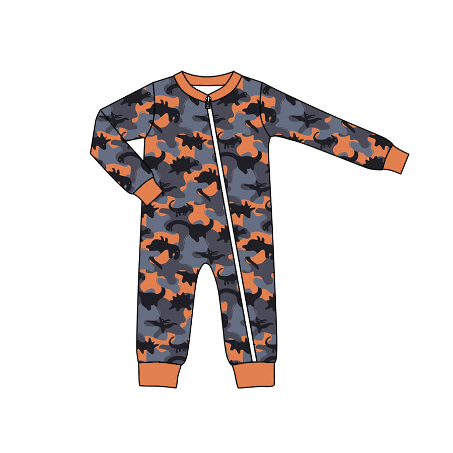 Pre-order Baby Boy Fall Grey Orange Dinosaurs Camo Zipper Romper