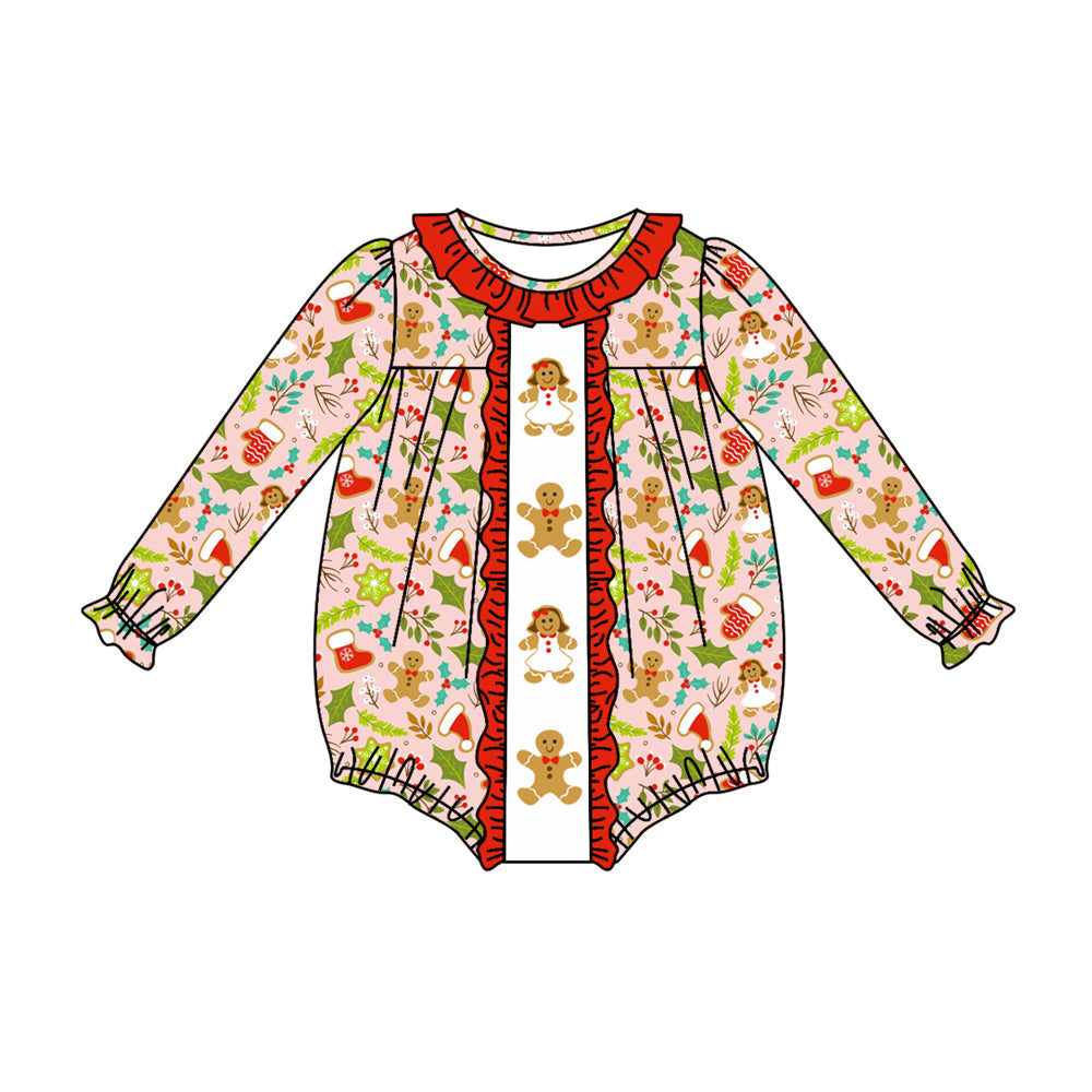 Pre-order Baby Girl Long Sleeves Christmas Gingerbread Bubble Romper