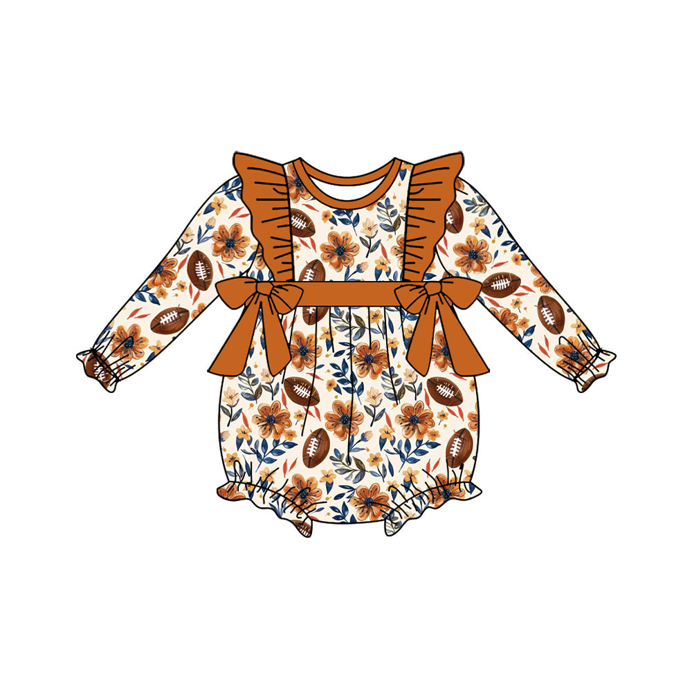 Pre-order Baby Girl Brown Football Bows Bubble Romper