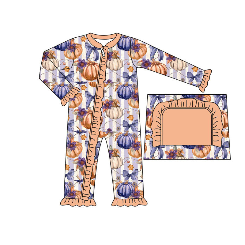 Pre-order Baby Girl Pumpkin Bows Purple Zipper Romper