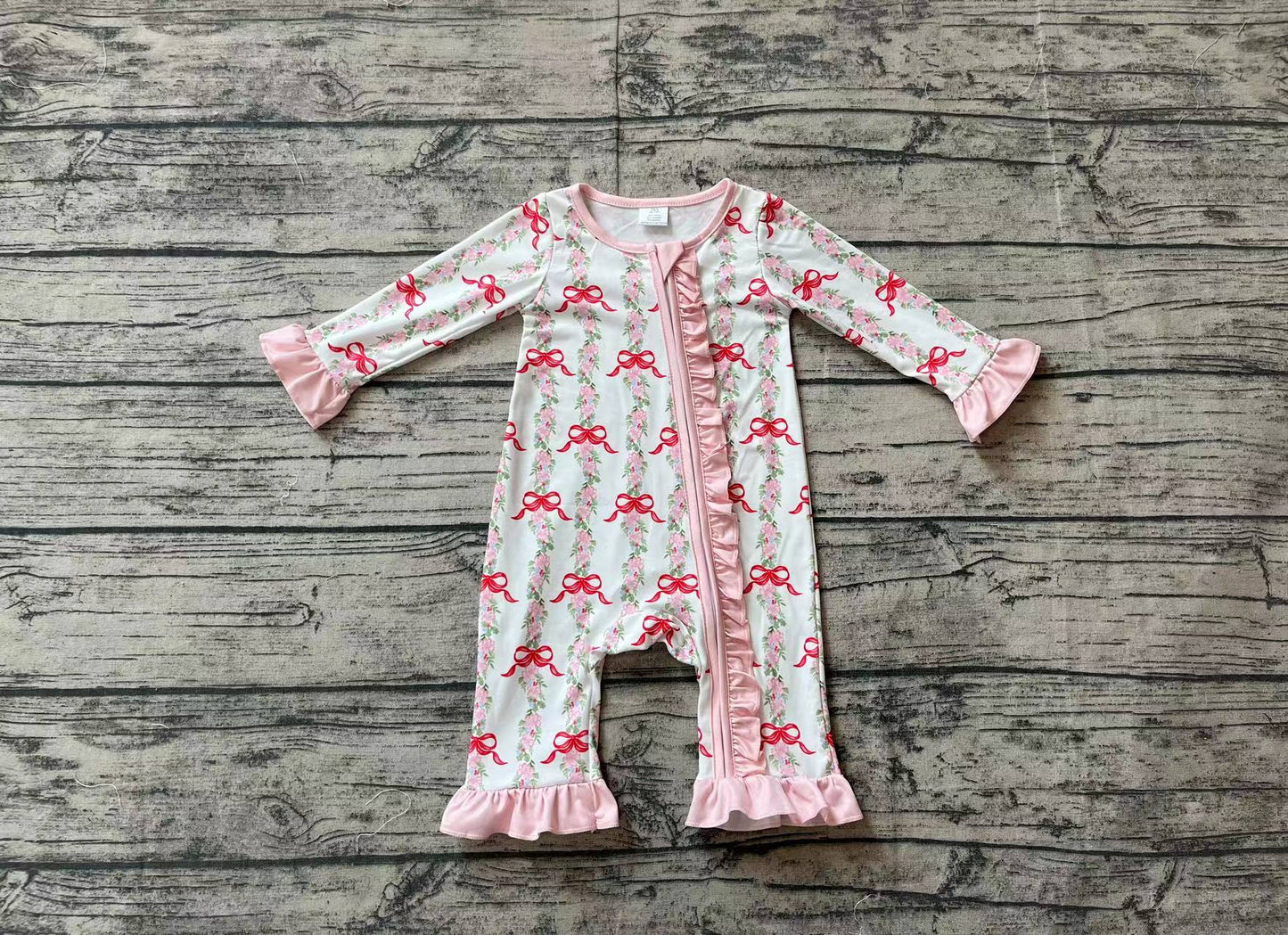 Baby Girl Christmas Bows Long Sleeves Zipper Bamboo Romper