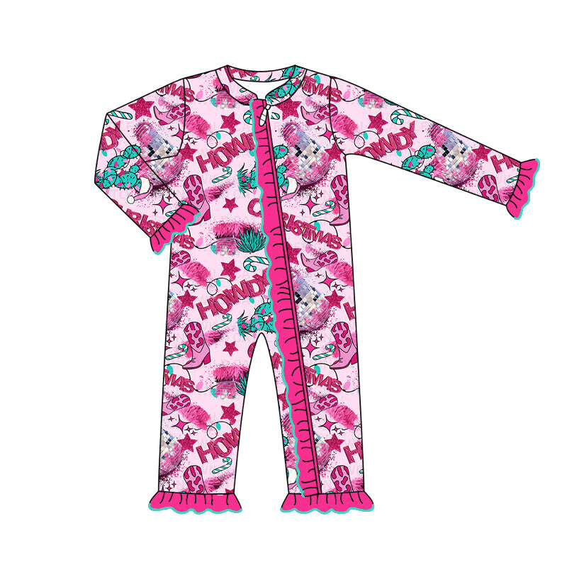 Pre-order Baby Girl Christmas Howdy Boots Pink Zipper Romper