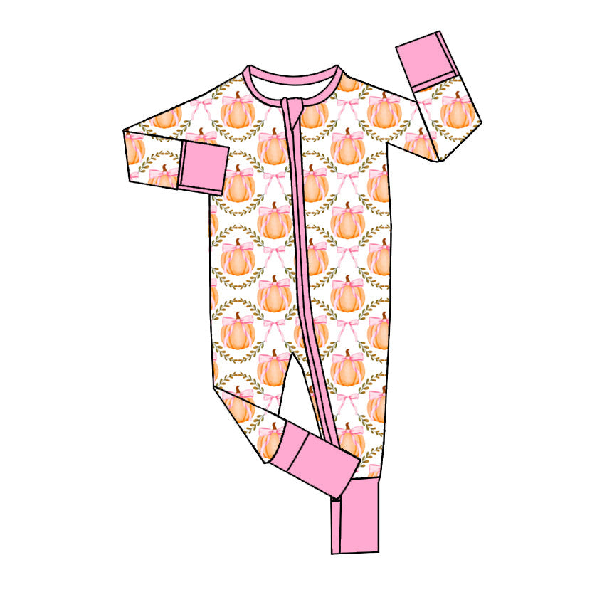 Pre-order Baby Girl Pumpkin Bows Zipper Long Sleeves Romper