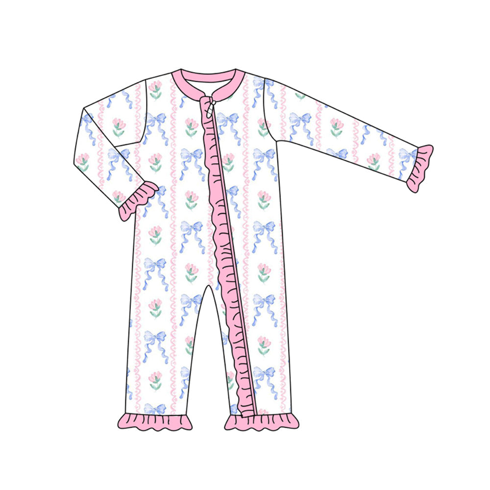 Pre-order Baby Girl Long Sleeves Bows Flowers Zipper Romper