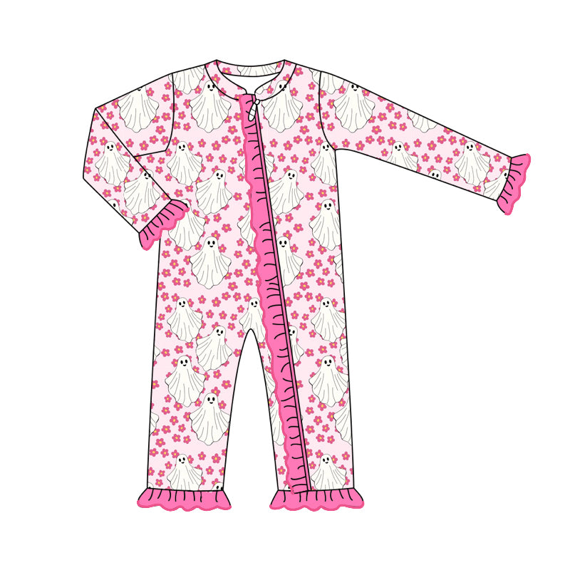 Pre-order Baby Girl Halloween Pink Ghost Flowers Zipper Romper