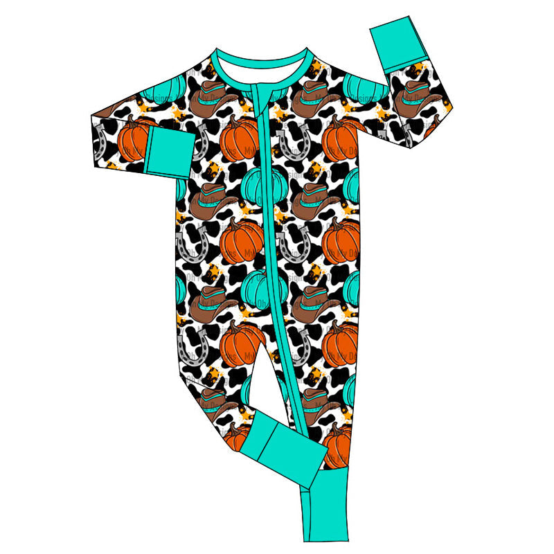 Pre-order Baby Boy Pumpkin Hats Cow Print Zipper Romper