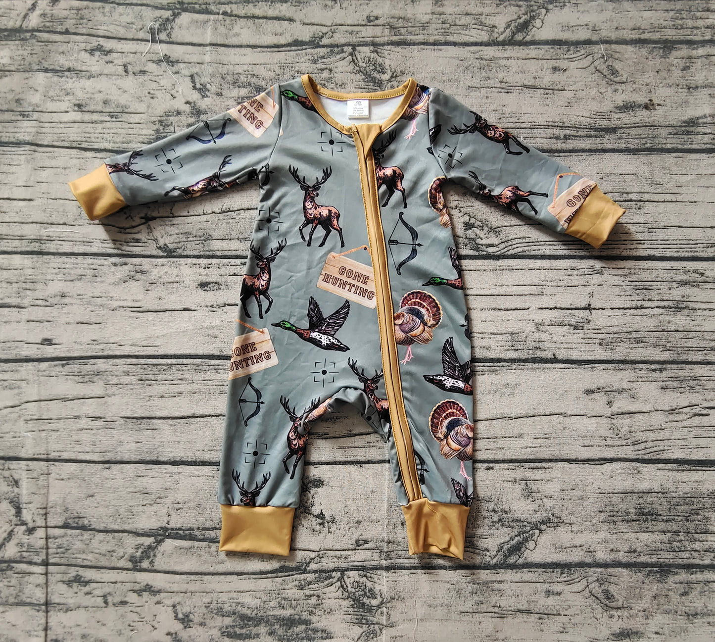 Baby Boy Long Sleeves Hunting Deer Ducks Zipper Bamboo Romper