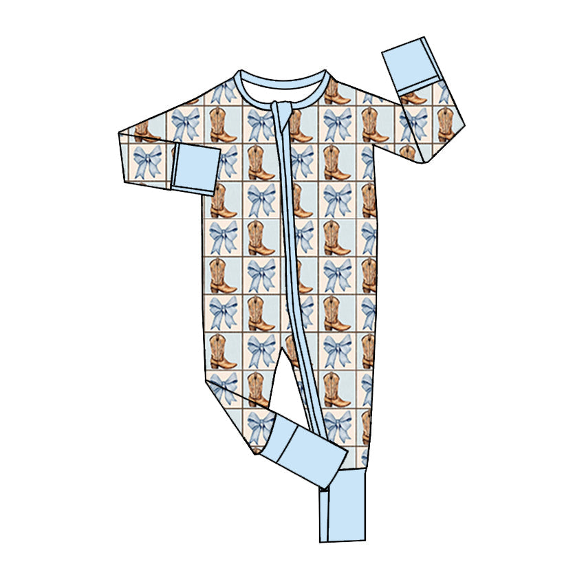 Pre-order Baby Girl Western Boots Blue Bows Zipper Romper