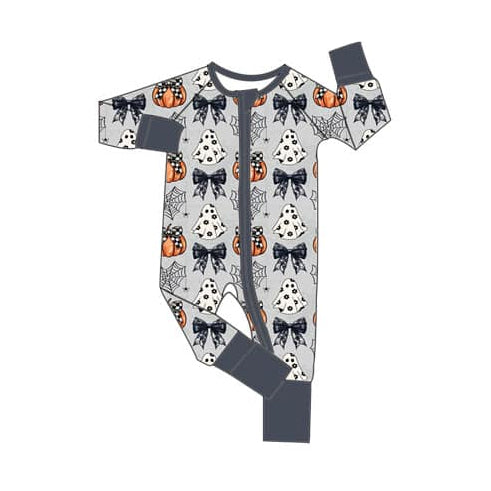 Pre-order Baby Girl Halloween Ghost Bows Zipper Grey Romper