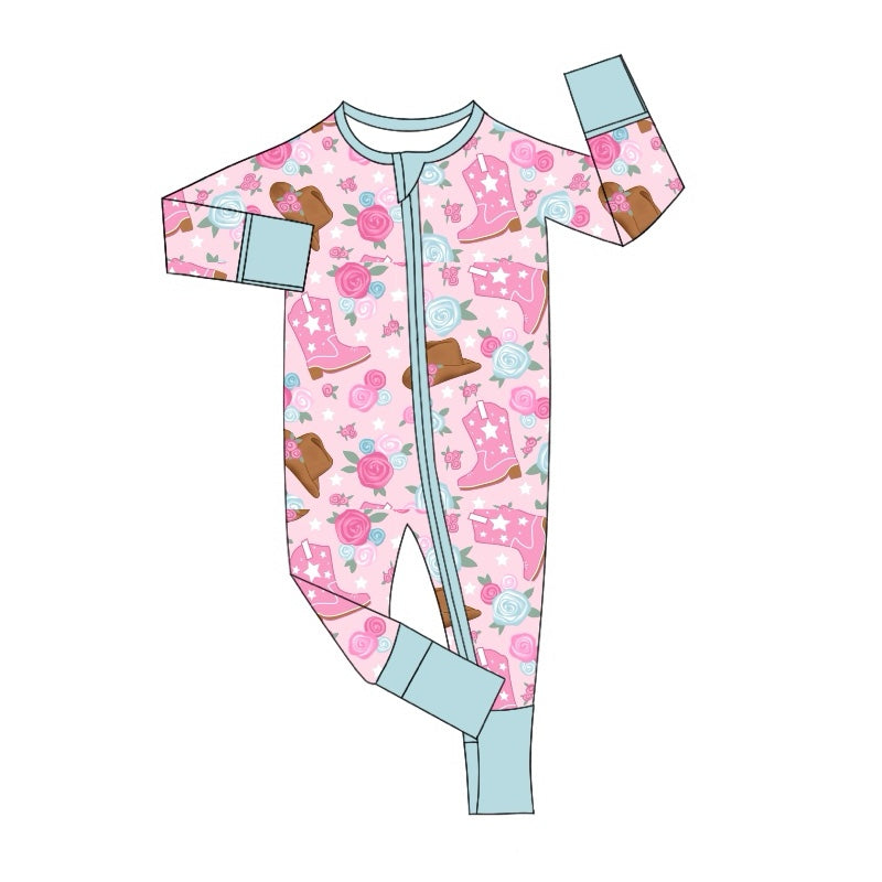 Pre-order Baby Girl Boots Hat Flower Pink Zipper Romper