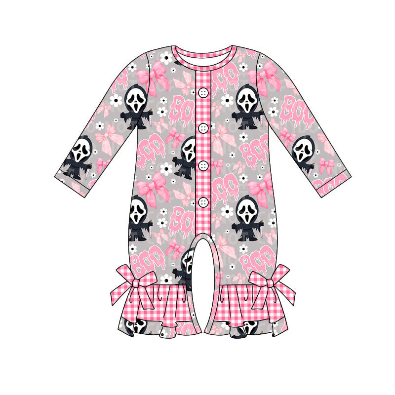 Pre-order Baby Girl Halloween Boo Bows Flower Long Sleeve Pink Romper