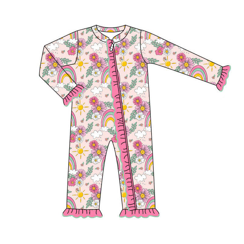 Pre-order Baby Girl Flower Rainbow Pink Ruffle Zipper Romper