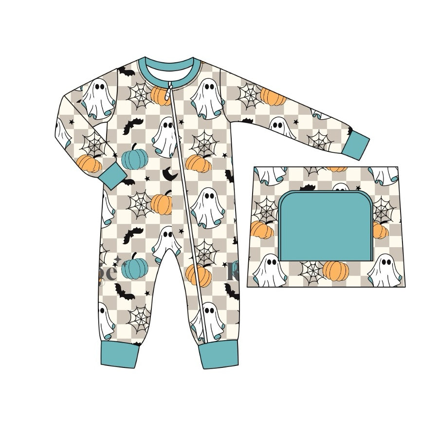 Pre-order Baby Boy Ghost Pumpkin Plaid Halloween Sleeper Zipper Romper