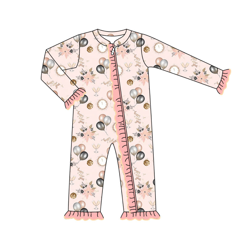 Pre-order Baby Girl Infant New Year Balloons Zipper Pink Romper