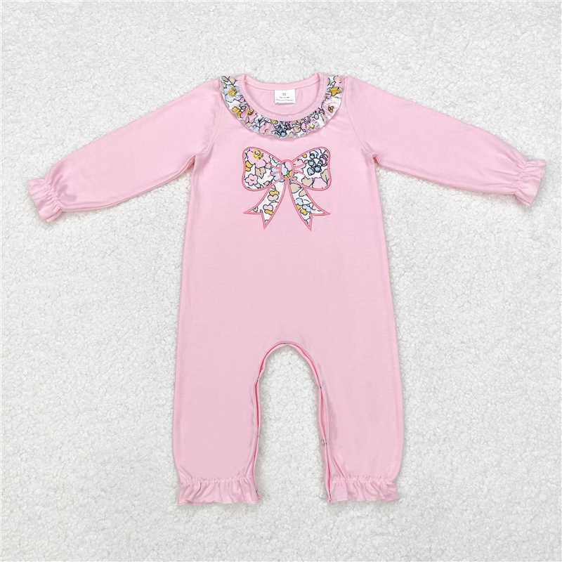 Baby Girl Long Sleeves Embroidery Floral Bows Pink Sibling ROmper Set RTS