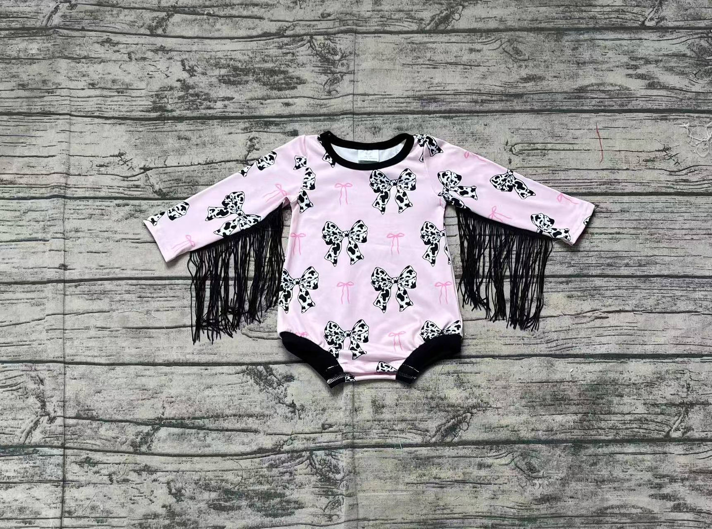 Baby Girl Infant Long Sleeves Cow Bows Western Tassel Pink Romper RTS