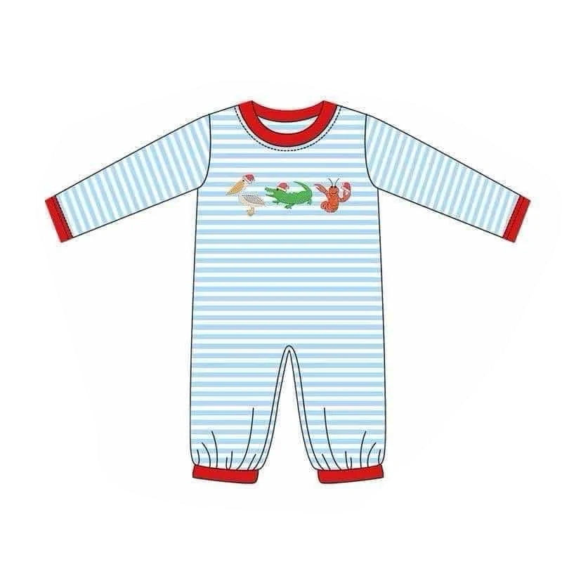 Pre-order Baby Boy Infant Christmas Crawfish Duck Blue Stripes Romper