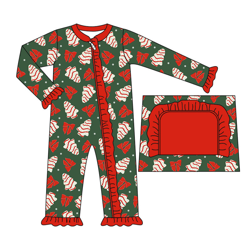 Pre-order Baby Girl Infant Christmas Tree Cake Bows Zipper Romper