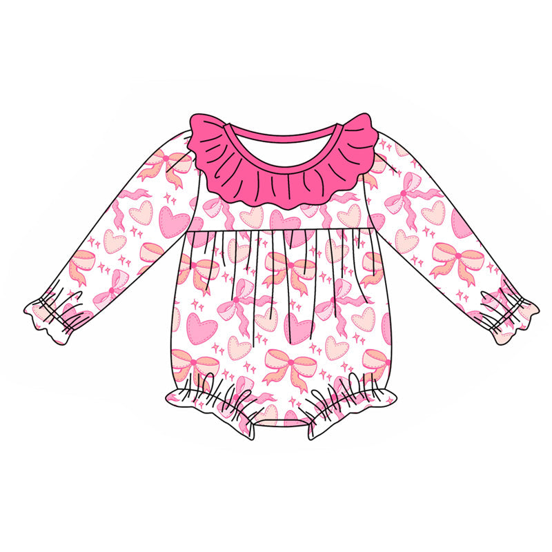 Pre-order Baby Girl Infant Valentines Hearts Bows Bubble Romper