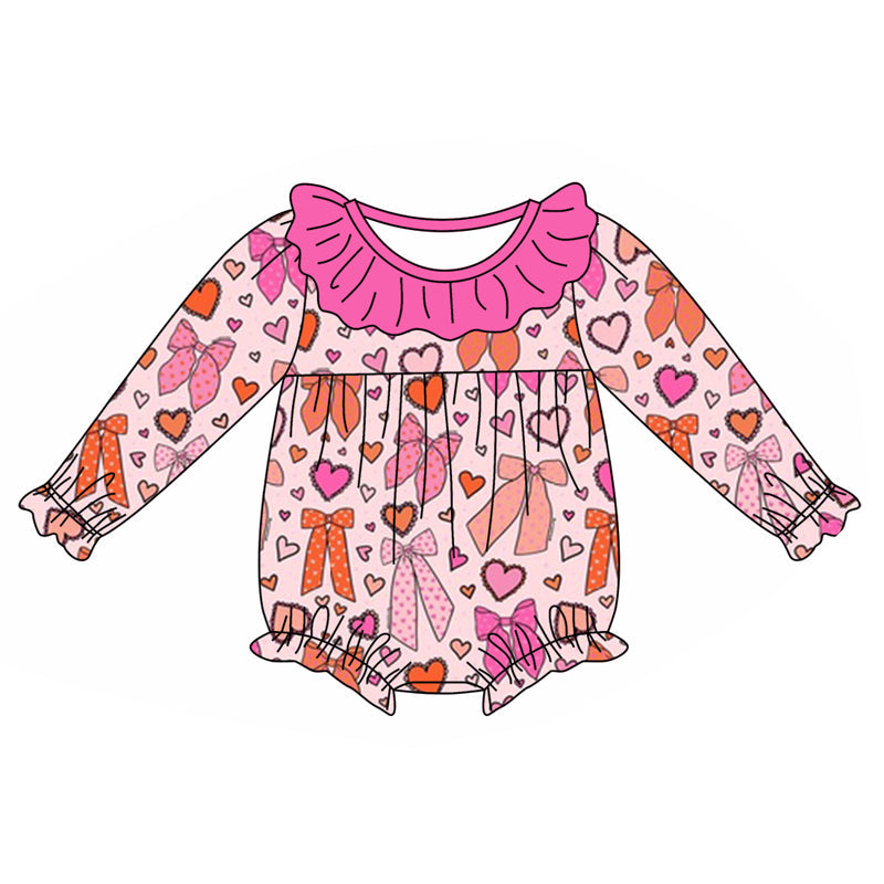Pre-order Baby Girl Infant Valentines Hearts Bows Valentines Bubble Romper