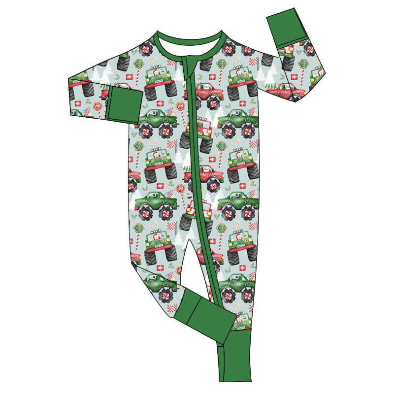 Pre-order Baby Boy Infant Christmas Trucks Zipper Green Romper