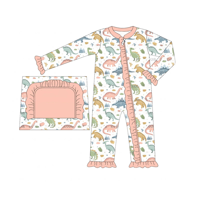 Pre-order Baby Girl Infant Long Sleeves Dinosaurs Zipper Romper