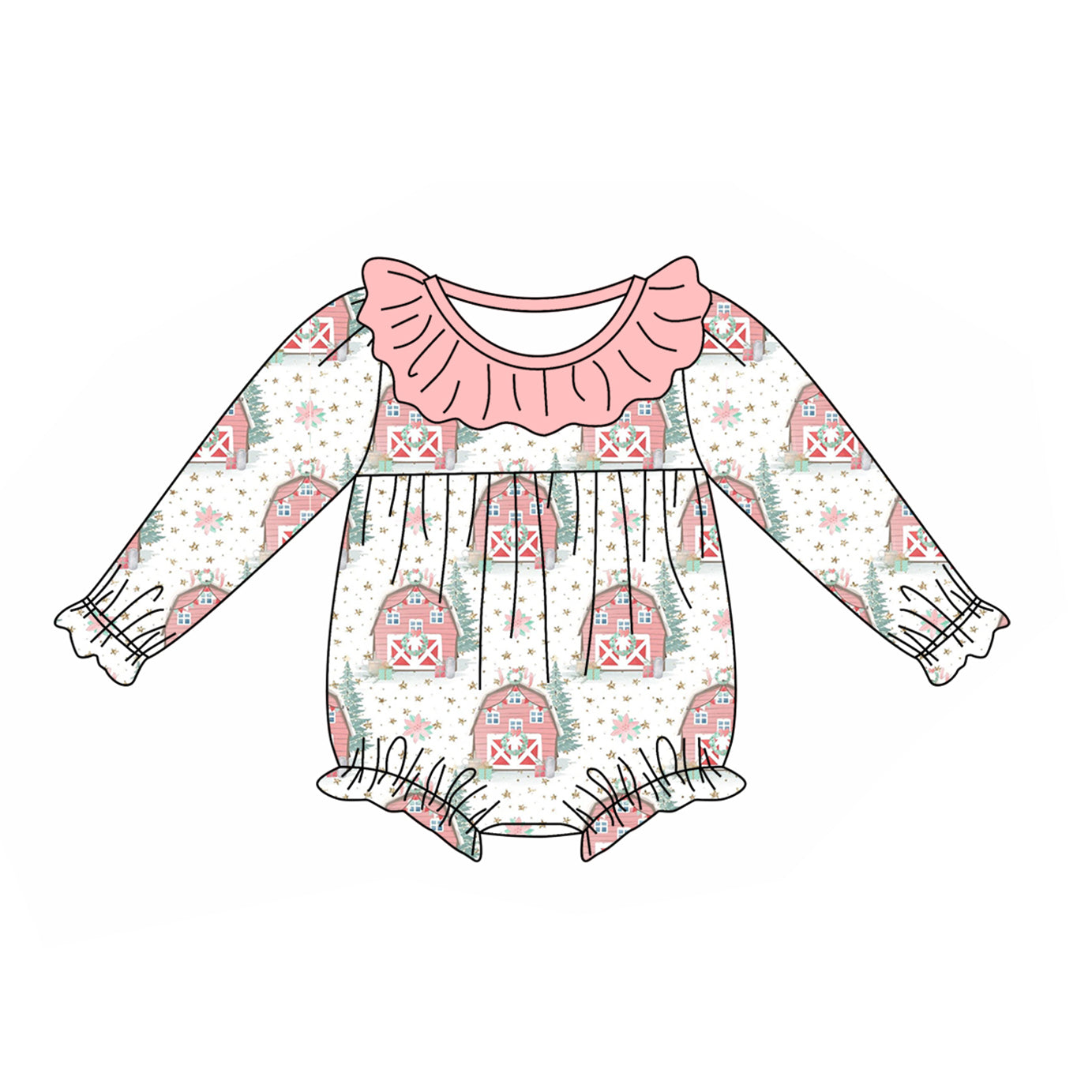 Pre-order Baby Girl Farm House Flower Christmas Bubble Romper