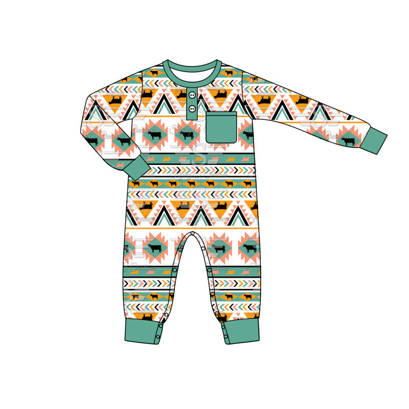 Pre-order Baby Boy Infant Western Cow Aztec Pocket Romper