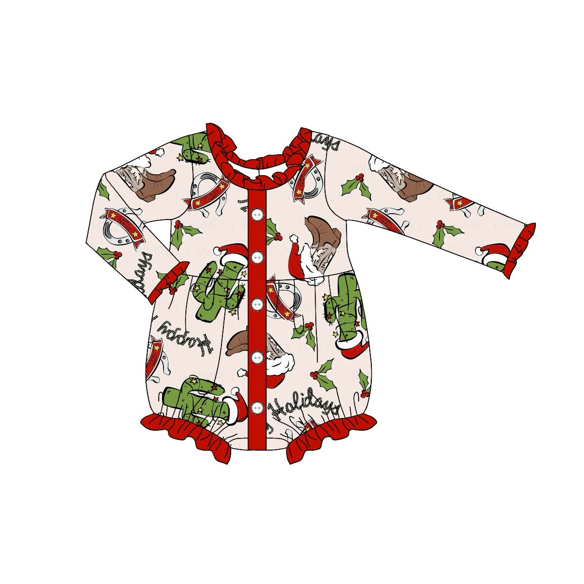 Pre-order Baby Girl Infant Christmas Cactus Boots Western Bubble Romper