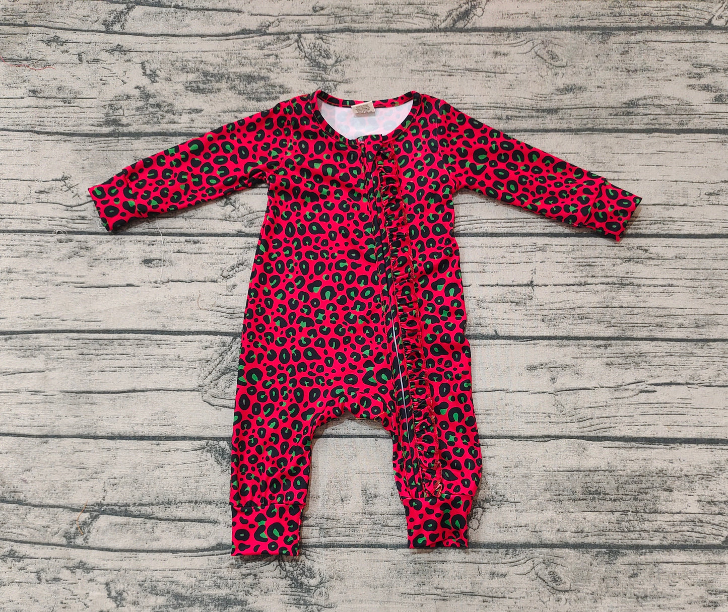 Baby Girl Infant Long Sleeves Christmas Red Green Leopard Zipper Romper