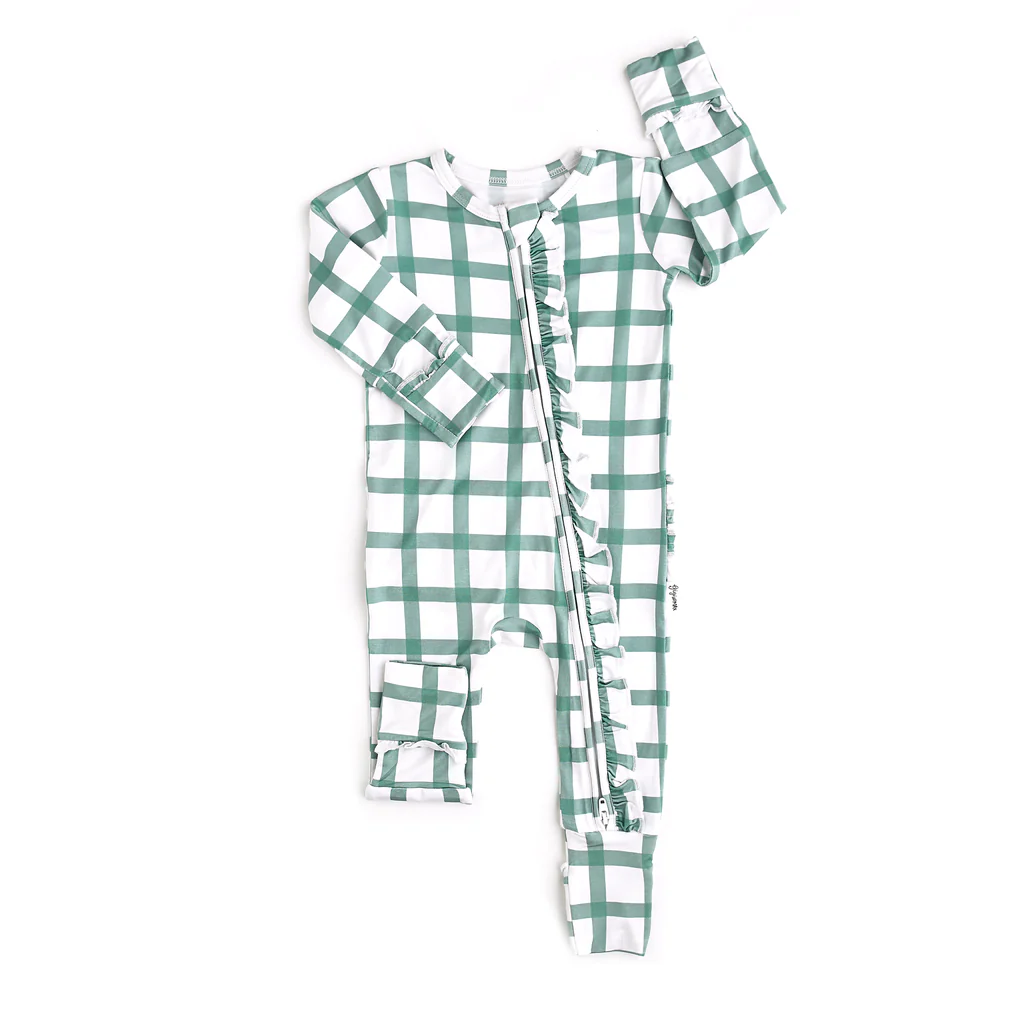 Pre-order Baby Girl Infant Green Checkered Zipper Romper