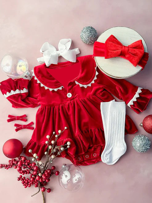 Pre-order Baby Girl Infant Red Velvet Buttons Bubble Romper