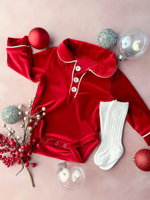 Pre-order Baby Boy Infant Red Velvet Buttons Bubble Romper