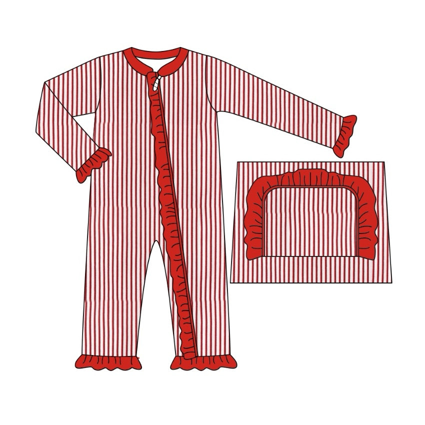 Pre-order Baby Girl Infant Red Stripes Christmas Zipper Romper