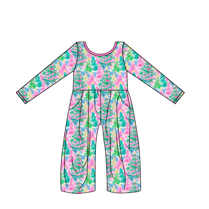 Baby Girls Pink Christmas Trees Pockets Jumpsuits Preorder