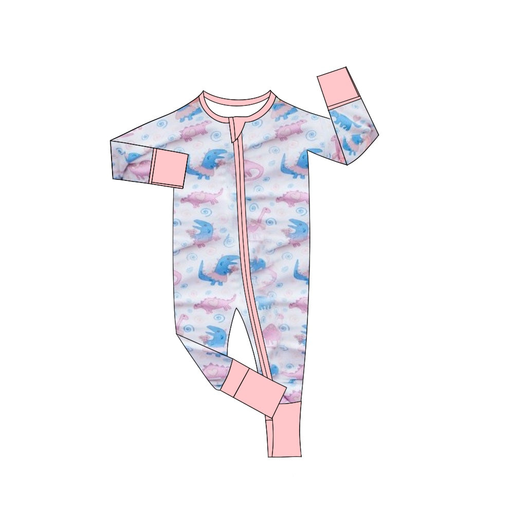 Pre-order Baby Girl Infant Long Sleeves Dinosaurs Zipper Pink Romper
